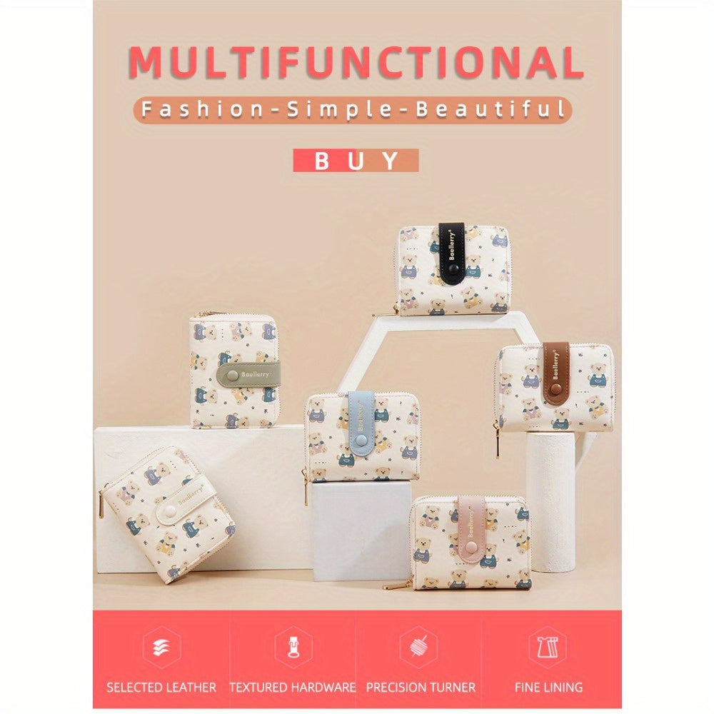 Women' & Retro Bear Snap Wallet with Zipper Coin Purse - Compact Crossbody Handbag Suitable for Teens, Lightweight Organizer, Minimalist Bear-Themed Accessory for, Travel, Daily Use (No Revision)