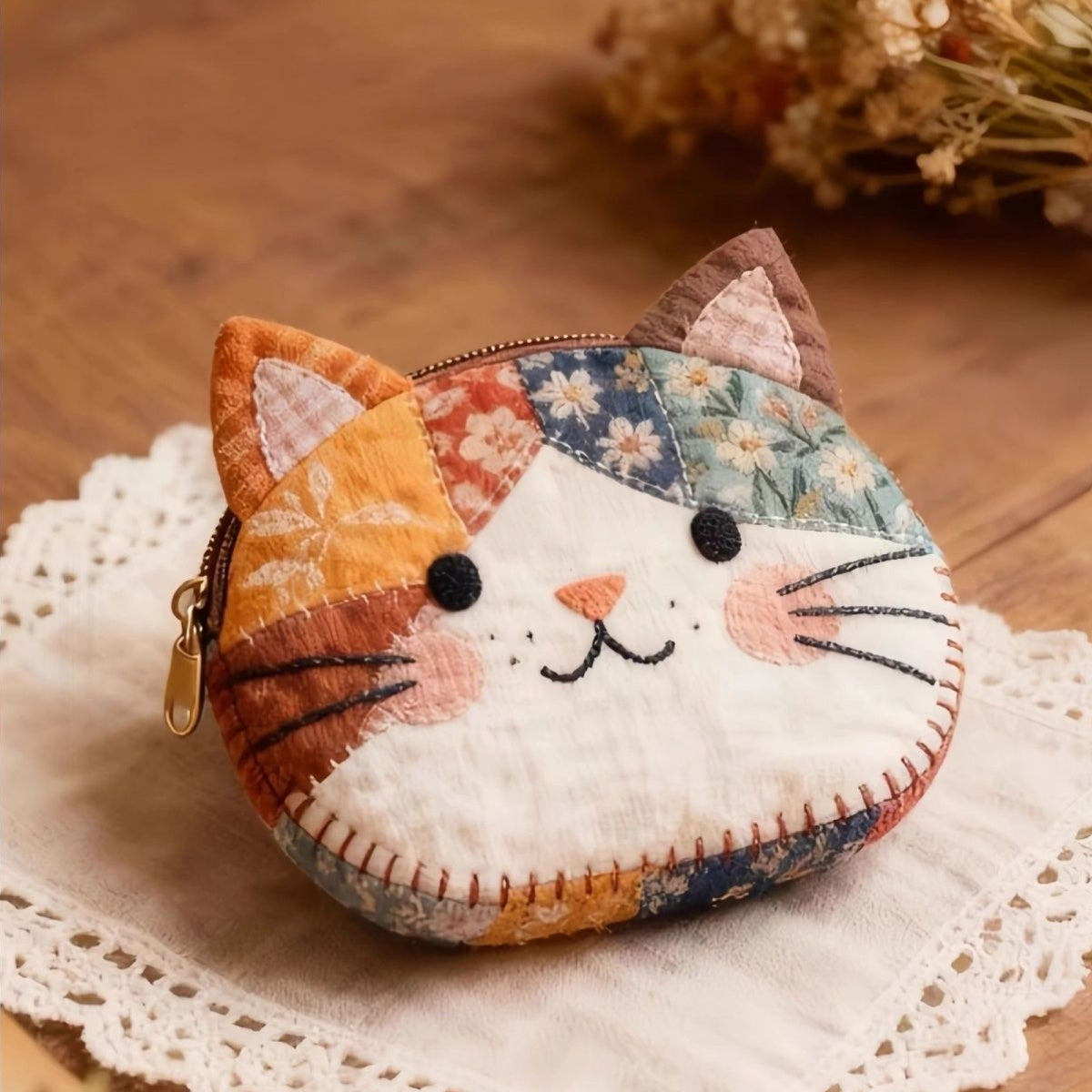 2PCSCartoon Cat Color-Block Fabric Coin Purse, Ins-style, High Aesthetic, Portable Storage Coin Purse, New Year Gift