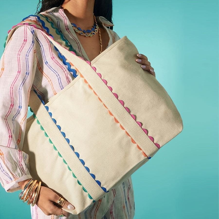 Vibrant Ric Rac Trim Canvas Tote - Spacious Shopper for Everyday Errands & Beach Outings