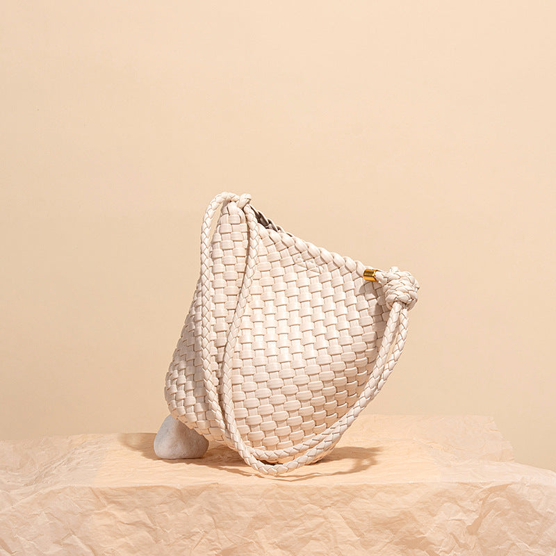 Solid Color Soft Woven Bucket Bag 25 New Casual Simple Large Capacity Tote Bag Single Shoulder Crossbody Bag