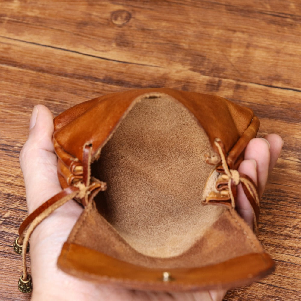 A Change Purse Made from Hand-Polished Vegetable-Tanned Leather, Featuring a Vintage National Design for Women, Crafted from Top-Quality Cowhide, Authentic Leather, Suitable for Keys And Earphone Storage