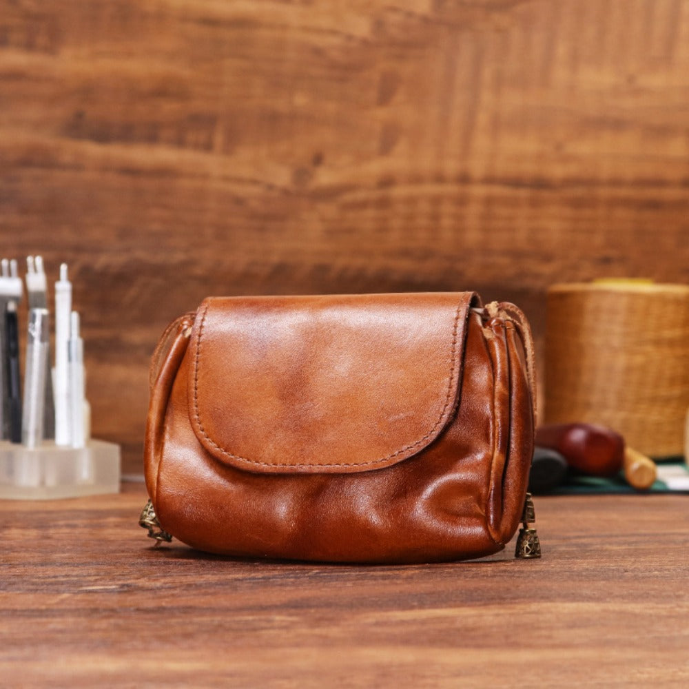 A Change Purse Made from Hand-Polished Vegetable-Tanned Leather, Featuring a Vintage National Design for Women, Crafted from Top-Quality Cowhide, Authentic Leather, Suitable for Keys And Earphone Storage