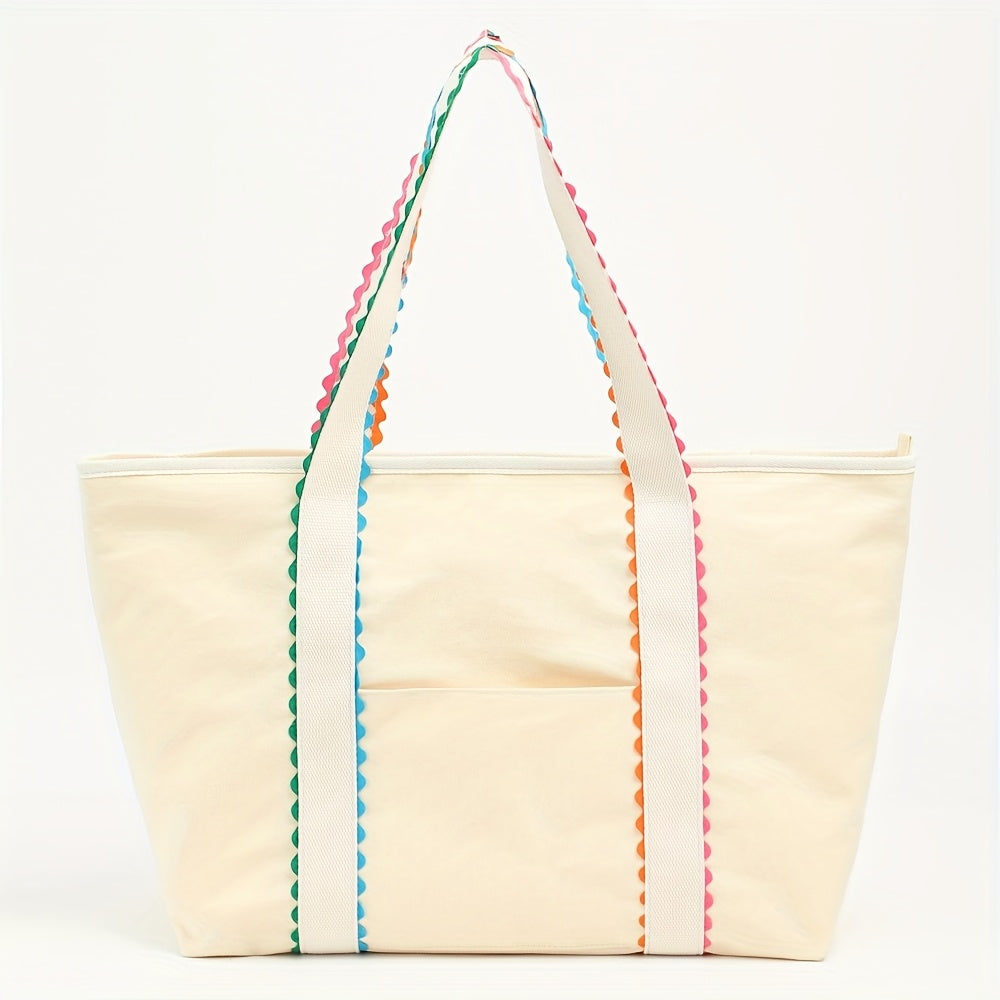 Vibrant Ric Rac Trim Canvas Tote - Spacious Shopper for Everyday Errands & Beach Outings