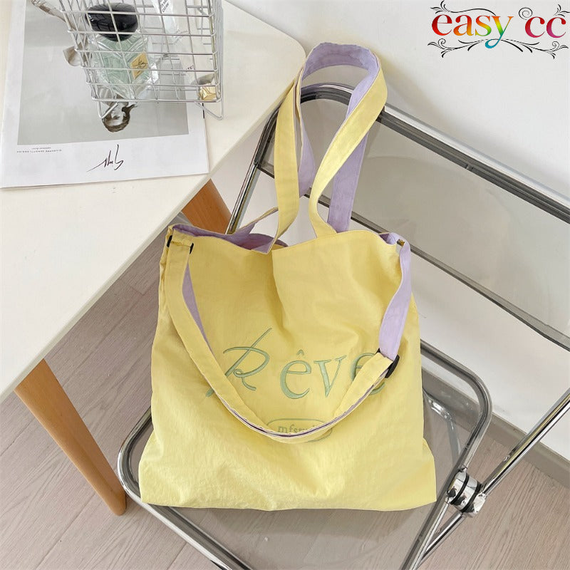 New Summer Cream Canvas Tote Bag for Women, Large Capacity, Korean Style, Embroidered, Versatile Shoulder Bag