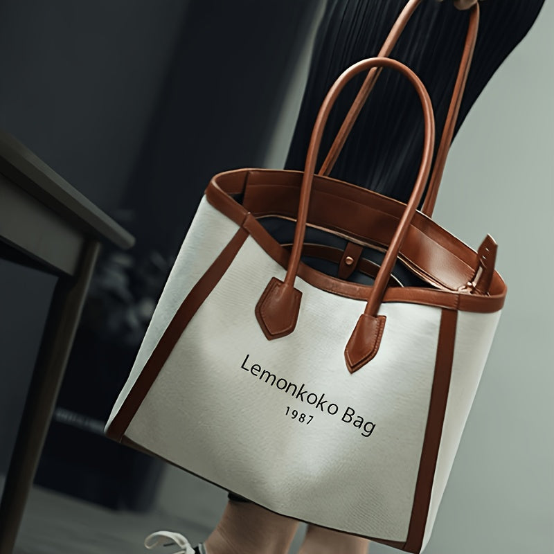 2026 New Canvas And Patchwork Tote Bag for Women, Featuring a Vintage College Style, Large Capacity, Suitable for Shoulder Carry And Commuting, a Fashionable Women'S Bag