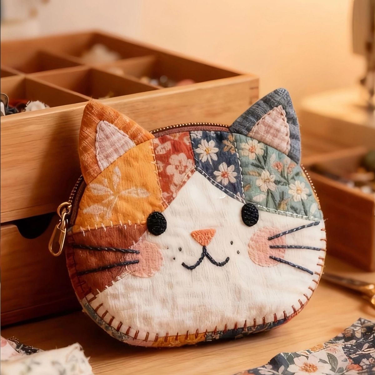 2PCSCartoon Cat Color-Block Fabric Coin Purse, Ins-style, High Aesthetic, Portable Storage Coin Purse, New Year Gift