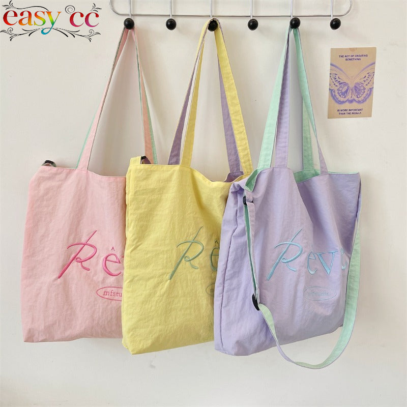 New Summer Cream Canvas Tote Bag for Women, Large Capacity, Korean Style, Embroidered, Versatile Shoulder Bag