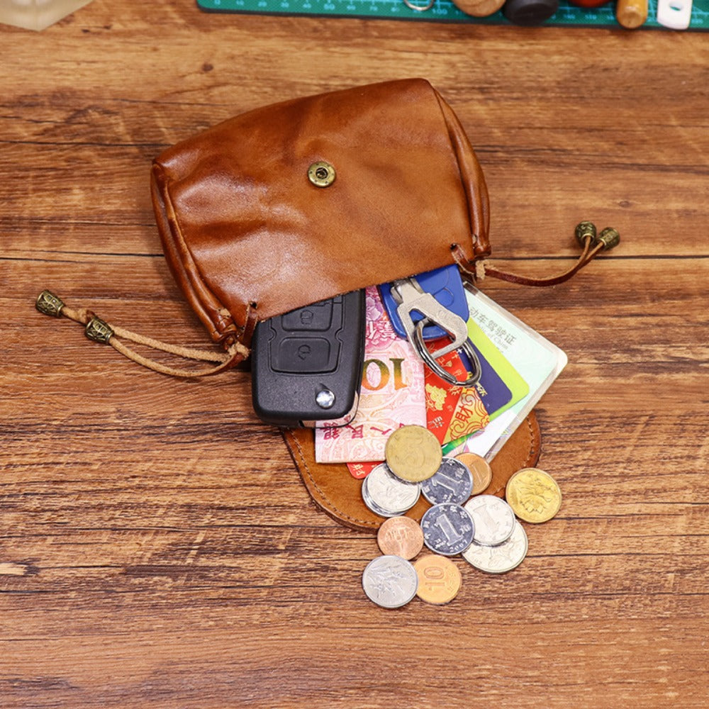 A Change Purse Made from Hand-Polished Vegetable-Tanned Leather, Featuring a Vintage National Design for Women, Crafted from Top-Quality Cowhide, Authentic Leather, Suitable for Keys And Earphone Storage
