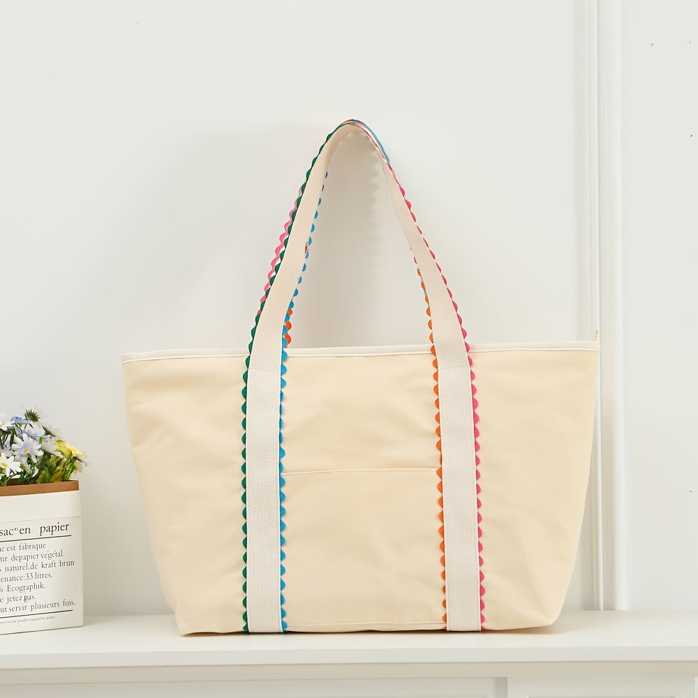 Vibrant Ric Rac Trim Canvas Tote - Spacious Shopper for Everyday Errands & Beach Outings