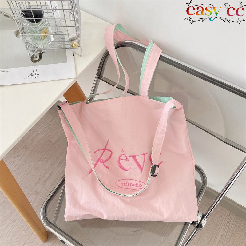 New Summer Cream Canvas Tote Bag for Women, Large Capacity, Korean Style, Embroidered, Versatile Shoulder Bag