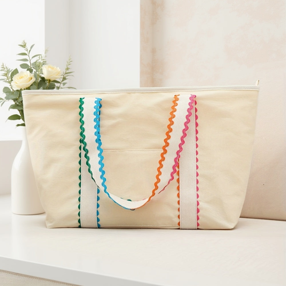 Vibrant Ric Rac Trim Canvas Tote - Spacious Shopper for Everyday Errands & Beach Outings