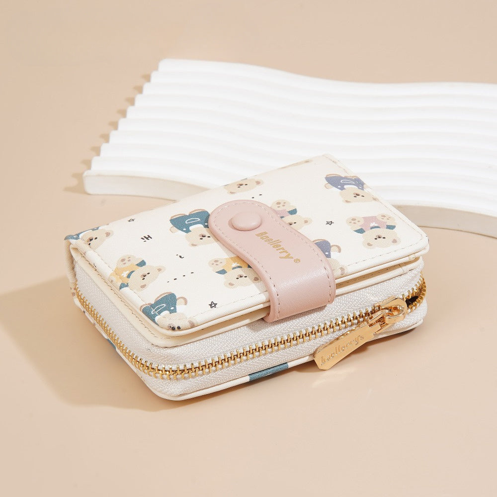 Women' & Retro Bear Snap Wallet with Zipper Coin Purse - Compact Crossbody Handbag Suitable for Teens, Lightweight Organizer, Minimalist Bear-Themed Accessory for, Travel, Daily Use (No Revision)
