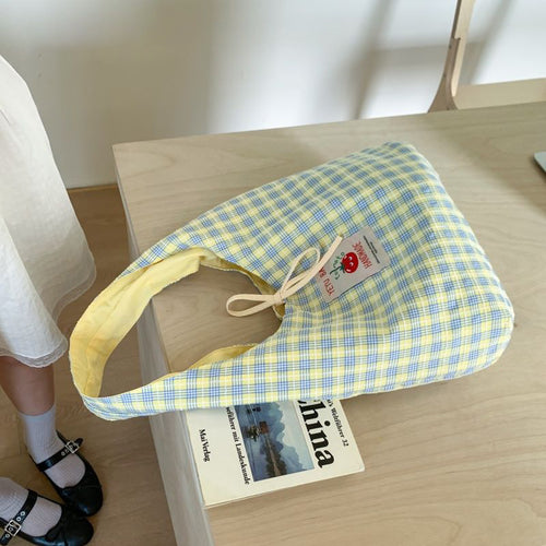 1 Cherry Embroidered Handmade Underarm Bag, Washed Fabric, Large Capacity, Korean Fresh Style, Suitable for Commuting And Outings