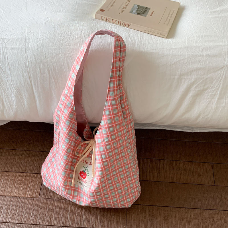 1 Cherry Embroidered Handmade Underarm Bag, Washed Fabric, Large Capacity, Korean Fresh Style, Suitable for Commuting And Outings