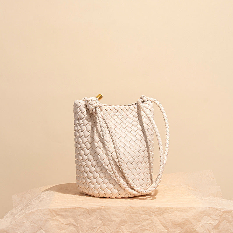 Solid Color Soft Woven Bucket Bag 25 New Casual Simple Large Capacity Tote Bag Single Shoulder Crossbody Bag