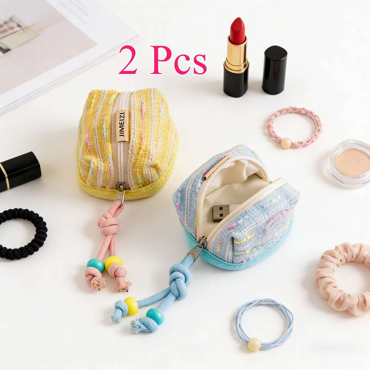 Set of 2 (Yellow And Blue) Adorable Compact Coin Holder And Wireless Earbud Case, Soft Knit Storage Pouch for USB Drive, Data Cable, Perfect for Everyday Travel, School, Students, Backpack Accessory, And Organizer for Small Items