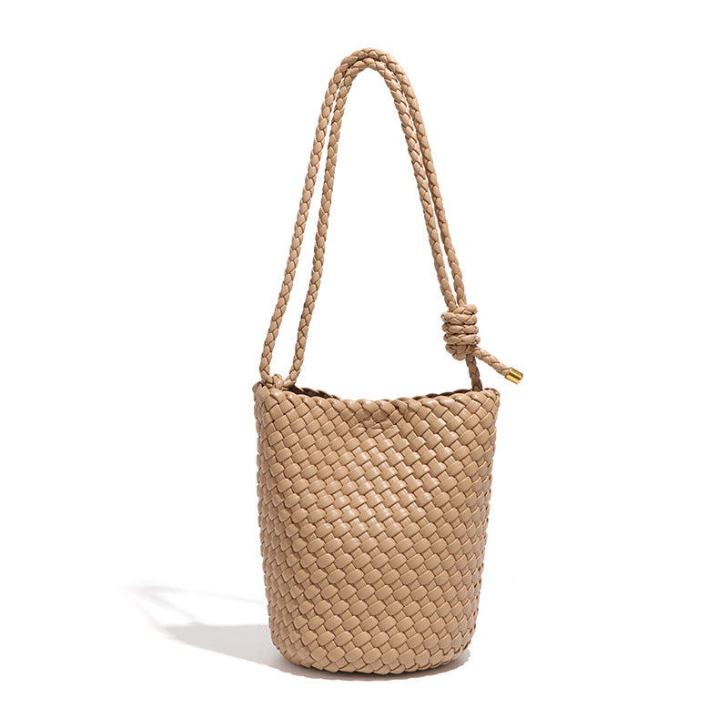 Solid Color Soft Woven Bucket Bag 25 New Casual Simple Large Capacity Tote Bag Single Shoulder Crossbody Bag