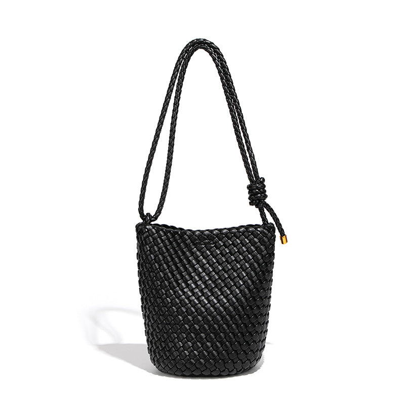 Solid Color Soft Woven Bucket Bag 25 New Casual Simple Large Capacity Tote Bag Single Shoulder Crossbody Bag