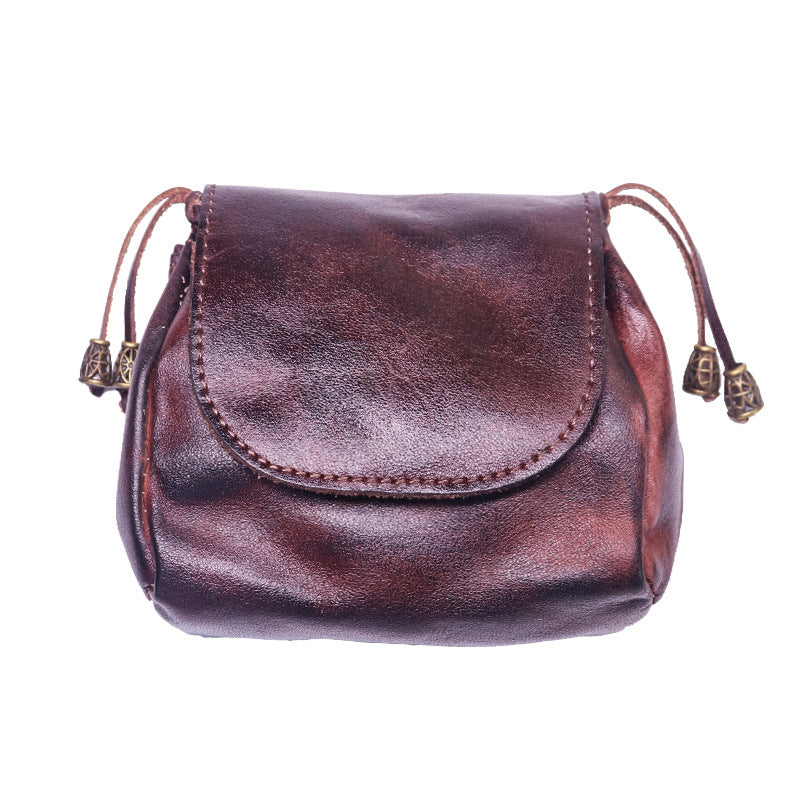 A Change Purse Made from Hand-Polished Vegetable-Tanned Leather, Featuring a Vintage National Design for Women, Crafted from Top-Quality Cowhide, Authentic Leather, Suitable for Keys And Earphone Storage