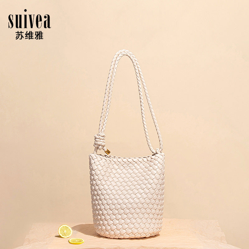 Solid Color Soft Woven Bucket Bag 25 New Casual Simple Large Capacity Tote Bag Single Shoulder Crossbody Bag