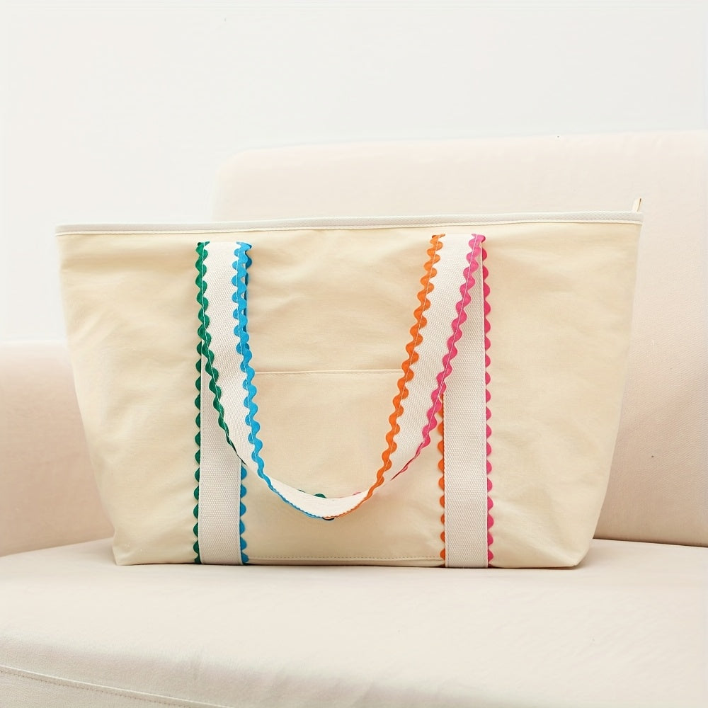 Vibrant Ric Rac Trim Canvas Tote - Spacious Shopper for Everyday Errands & Beach Outings