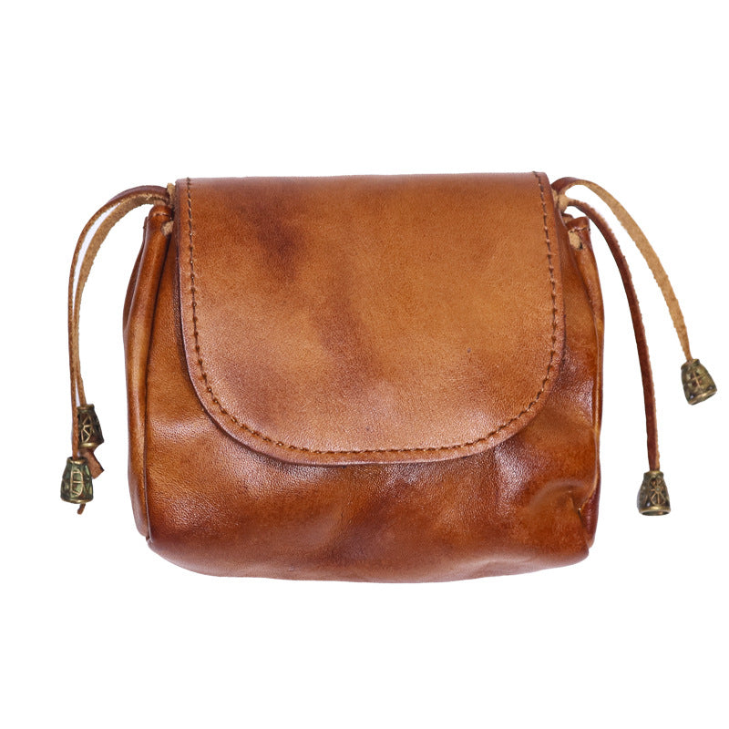 A Change Purse Made from Hand-Polished Vegetable-Tanned Leather, Featuring a Vintage National Design for Women, Crafted from Top-Quality Cowhide, Authentic Leather, Suitable for Keys And Earphone Storage