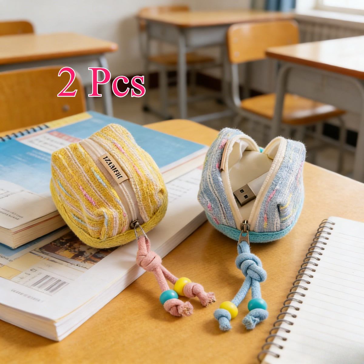 Set of 2 (Yellow And Blue) Adorable Compact Coin Holder And Wireless Earbud Case, Soft Knit Storage Pouch for USB Drive, Data Cable, Perfect for Everyday Travel, School, Students, Backpack Accessory, And Organizer for Small Items