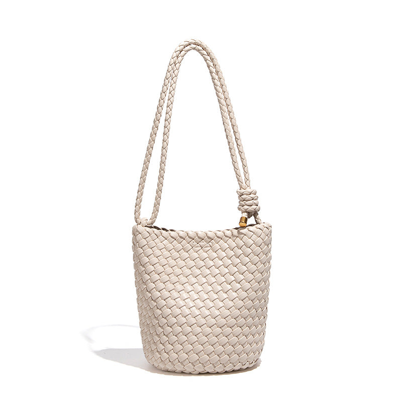 Solid Color Soft Woven Bucket Bag 25 New Casual Simple Large Capacity Tote Bag Single Shoulder Crossbody Bag
