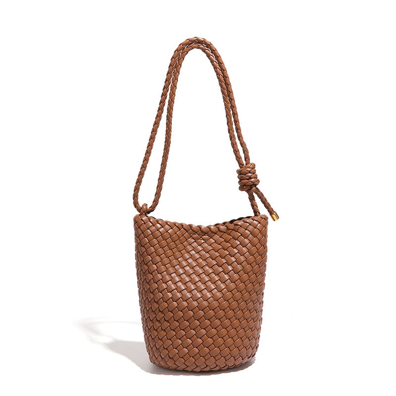 Solid Color Soft Woven Bucket Bag 25 New Casual Simple Large Capacity Tote Bag Single Shoulder Crossbody Bag
