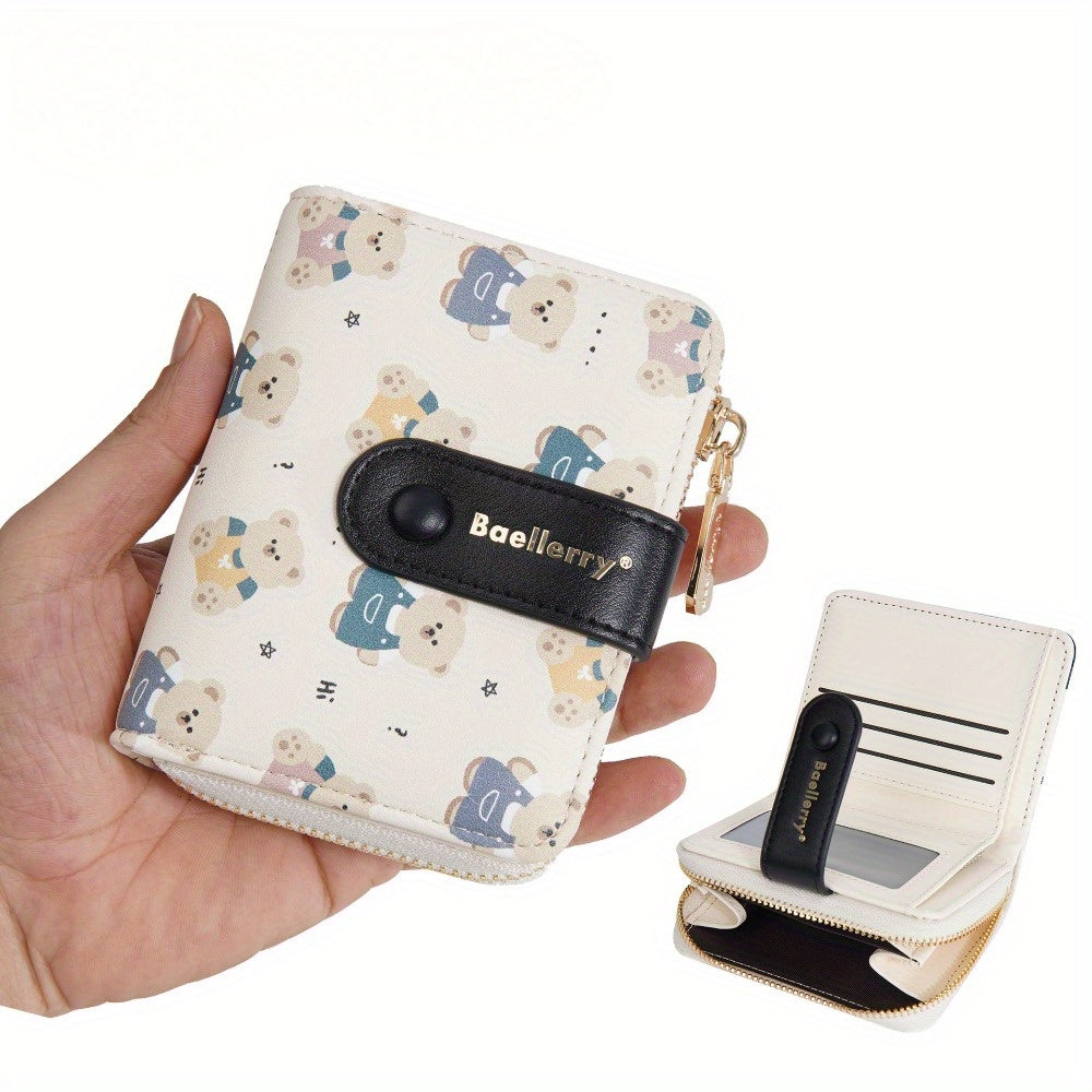 Women' & Retro Bear Snap Wallet with Zipper Coin Purse - Compact Crossbody Handbag Suitable for Teens, Lightweight Organizer, Minimalist Bear-Themed Accessory for, Travel, Daily Use (No Revision)