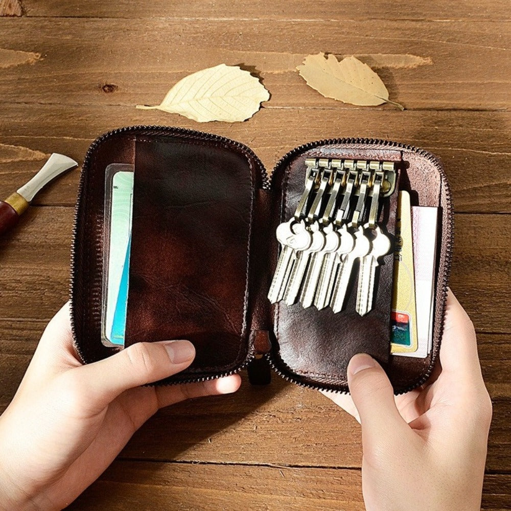 Men'S Genuine Leather Key Bag, First Layer Cowhide Vegetable-Tanned Soft Leather Hand-Brushed Colored Coin Purse, Key Chain Storage Box