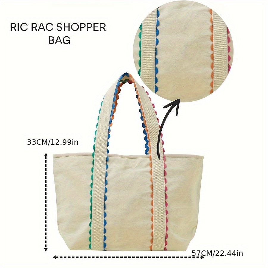 Vibrant Ric Rac Trim Canvas Tote - Spacious Shopper for Everyday Errands & Beach Outings