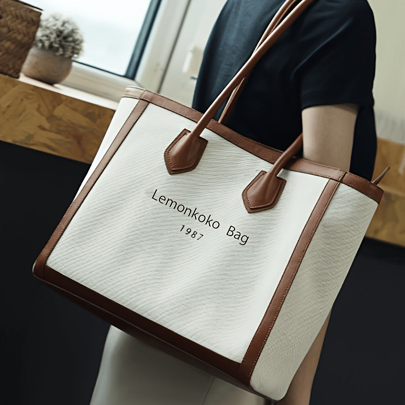 2026 New Canvas And Patchwork Tote Bag for Women, Featuring a Vintage College Style, Large Capacity, Suitable for Shoulder Carry And Commuting, a Fashionable Women'S Bag