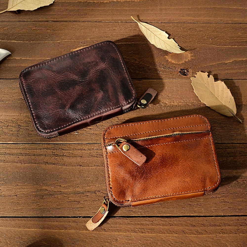 Men'S Genuine Leather Key Bag, First Layer Cowhide Vegetable-Tanned Soft Leather Hand-Brushed Colored Coin Purse, Key Chain Storage Box