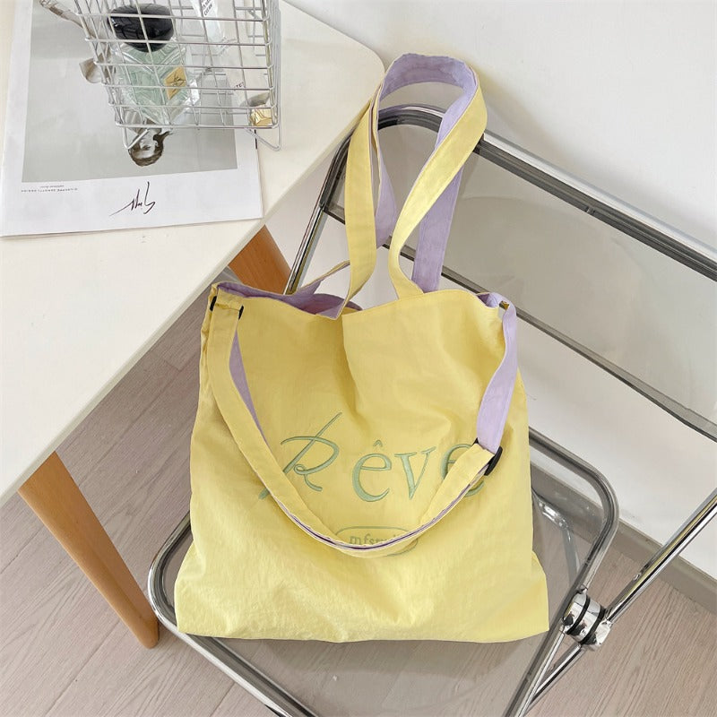 New Summer Cream Canvas Tote Bag for Women, Large Capacity, Korean Style, Embroidered, Versatile Shoulder Bag