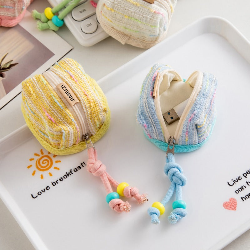 Set of 2 (Yellow And Blue) Adorable Compact Coin Holder And Wireless Earbud Case, Soft Knit Storage Pouch for USB Drive, Data Cable, Perfect for Everyday Travel, School, Students, Backpack Accessory, And Organizer for Small Items