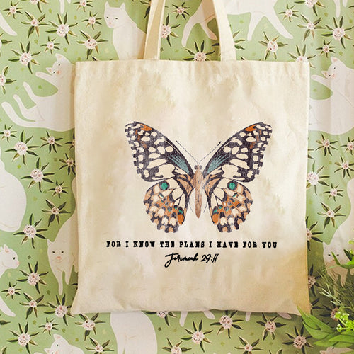 1pc Inspirational Butterfly Print Canvas Tote Bag, Khaki Carryall with \