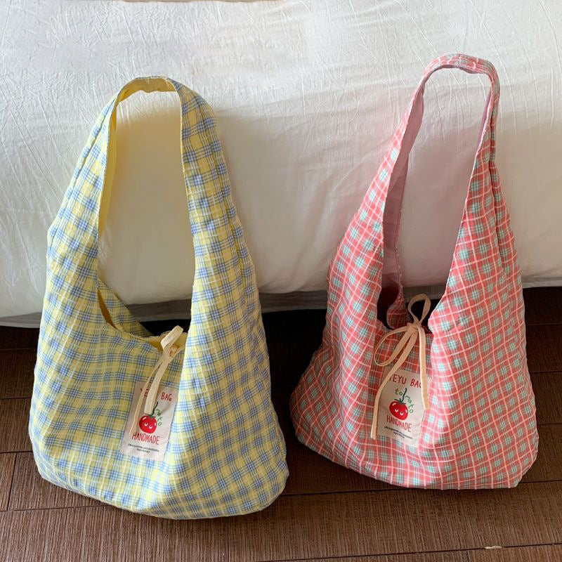 1 Cherry Embroidered Handmade Underarm Bag, Washed Fabric, Large Capacity, Korean Fresh Style, Suitable for Commuting And Outings