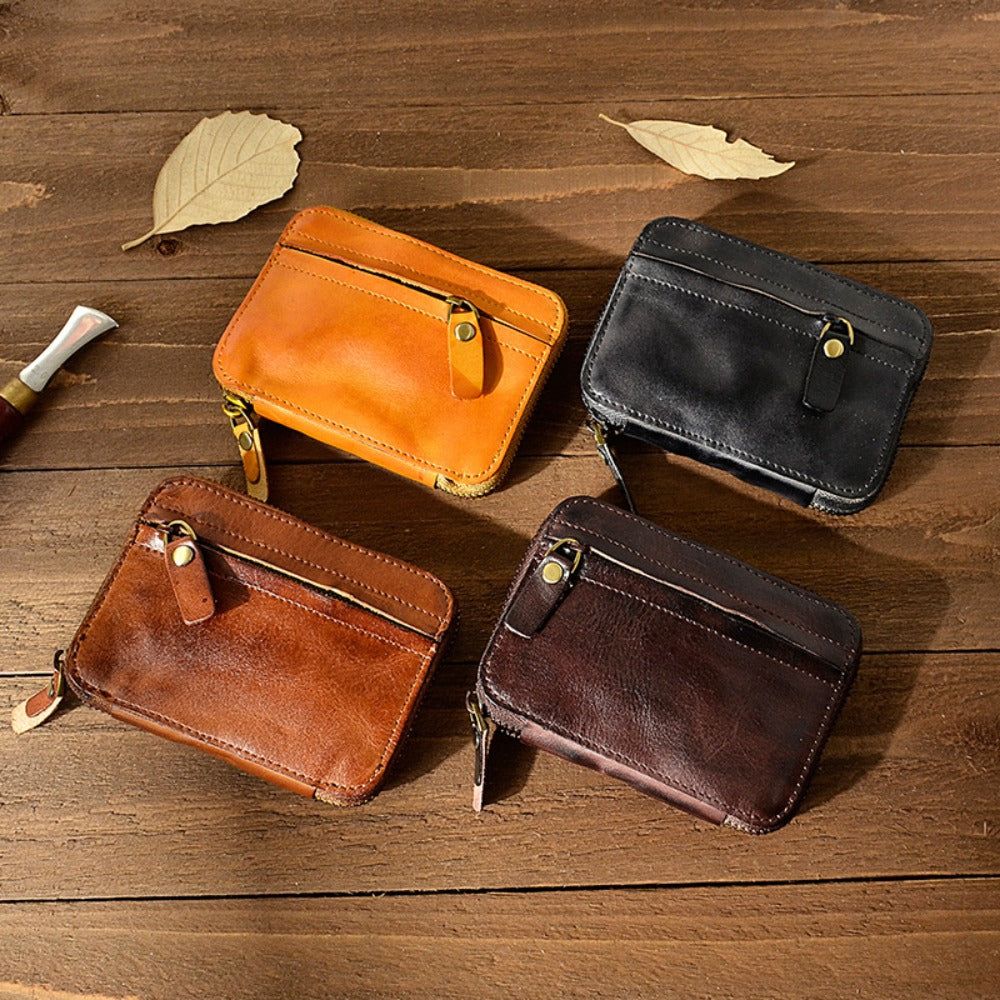 Men'S Genuine Leather Key Bag, First Layer Cowhide Vegetable-Tanned Soft Leather Hand-Brushed Colored Coin Purse, Key Chain Storage Box